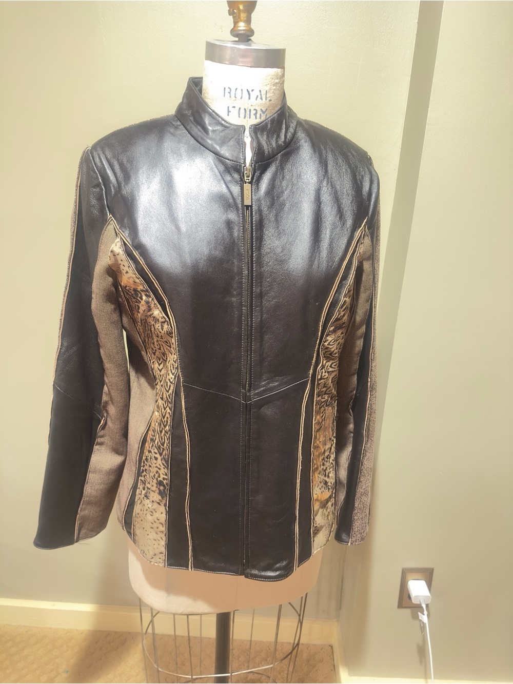 Women's Black and Brown Mixed-Fabric Leather Jacket